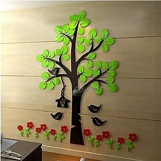 3d Wall Acrylic Green Tree And Red Flowers Wall Decal Easy To Install & Apply Home Art Decor.green Tree With Red Flowers.
