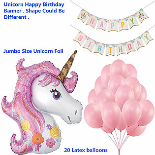 Unicorn Birthday Set With Jumbo Size Unicorn Foil Balloon , Pink Latex Baloons & Banner