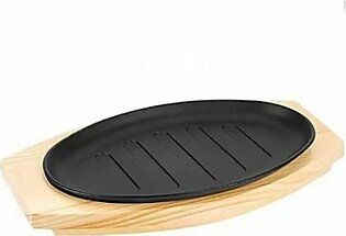 Sizzler Plate Non Stick Tray With Wooden Base 10 Inches X 6 Inches Pan Hot Plate Sizzling Pan Steak Plate
