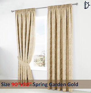 Jacquard Curtain Pair, Lined Tape Top Jacquard Curtains - Spring Garden Gold - 2 Pieces Window Curtain with Tie Back Pair