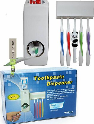 Automatic Toothpaste Dispenser With Wall Mount Toothbrush Holder | White High Quality Toothpaste Dispenser And Tooth Brush Holder | Toothpaste Squeezer With 5 Brushes Set Kids | Hands Free Toothpaste Dispenser For Shower Bathroom Sink