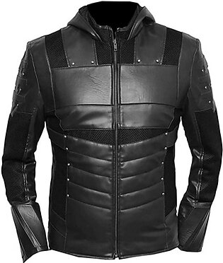 Arrow Oliver Green Black Hooded Leather Jacket For Men
