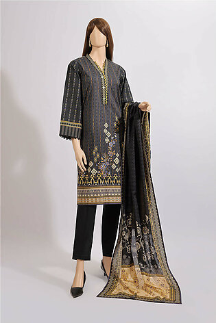 Saya Printed Unstitched Fabric Lawn 3 Piece Suit For Woman And Girls - Black - Design Code: Wuns-3391