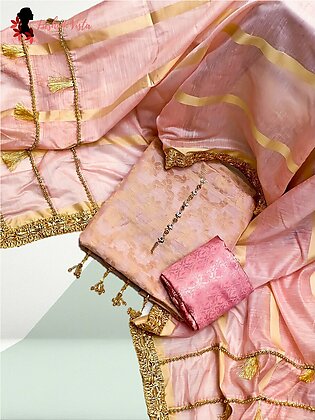 Fashion Vista Jacquard Cotton 3-PC Un-stitched Suit With Cotton Shirt and Jamawar Trouser - Pink