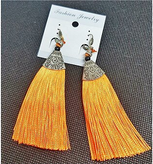 Bohemian Tassel Alloy Long Drop Earrings For Women Red Cotton Silk Fabric Fringe Earrings