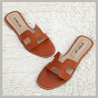 Women's Shoes - Flat H Slides Brown Slippers - Step Up