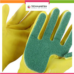Techmanistan Kitchen Wash Rubber Gloves With Scouring Cloth Sponge On The Inner Fingers, All-in-one For Clean The Kitchen Tool Protect Hand Gloves, Cleaning Gloves, Dish Washing Gloves