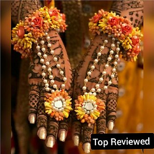 Orange And Yellow Mayon Hand Gajra With Ring, Artificial Flower Jewellery For Mehndi