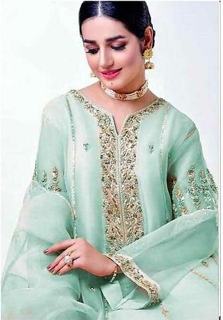 3 Pc Unstitched Fabric Bridal Dress With Full Of Embroidery On Each Piece Along With All Motives - Sea Green