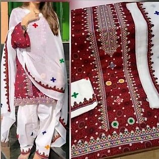 Sindhi AJRAK 3 Piece Dress in Lawn With Chifoun Dupatta for Women