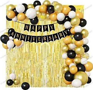Golden And Black Happy Anniversary Decoration Set ( Happy Anniversary Banner+30 Latex Balloons+5 Confetti Baloons+1 Golden Curtain)balloons, Anniversary Themes For Couples, Decorations, Anniversary Package, Shop E Deals Store Party Decor Accessories