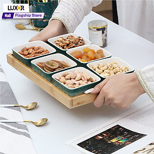 Food Storage Containers With Wooden Tray - Dry Fruits And Nuts Storage Containers - 6 Dip Square Ceramic Grid Serving Tray
