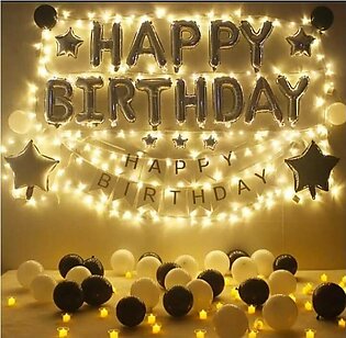Golden Glittering Birthday Theme With 2 Led Fairy Lights (22 Feet Each), 30 Latex Balloons (white, Black And Golden) 13-letter Golden Happy Birthday Foil Balloons (16 Inches), Happy Birthday Card Banner, 4 Golden Foil Stars ( 18 Inches)