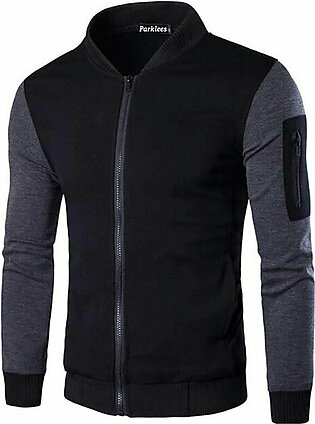 Men's Grey & Black Full Sleeve Zipper Fleece Jacket For Boy