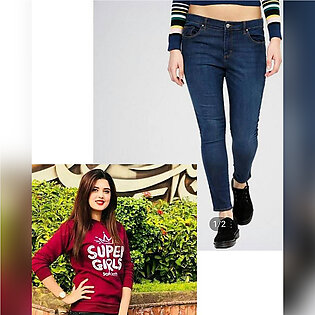 PACK OF 2-DARK BLUE JEANS WITH MAROON SUPER GIRL SWEATSHIRT FOR HER