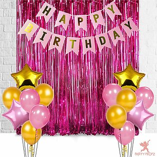 Classical Theme of Happy Birthday Card Decoration Set With '4' Pcs Metallic Foil Star Balloons Set, '1'Shiny Foil Fringe Curtain(6x3.5Feet) and '20'Pcs Latex Balloon Set For Your Birthday Party Event-Birthday Theme Set To Make Your Birthday Event Exciting