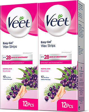 Veet Easy Gel Wax Strips For Body And Legs Normal Skin With Shea Butter And Acai Berries Scent 12 Wax Strips - Pack Of 2
