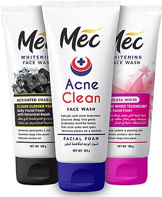 Pack Of 3 Mec Whitening Face Wash, Activated Charcoal, Flawless White, Acne Clean