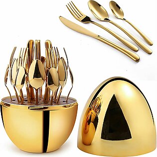 24 Piece's Cutlery Set With Egg Stand, Stainless Steel Knife Forks Set Mirror Polishing Serving Spoons Coffee Tea Dessert Cake Forks Knives With Oval Stand