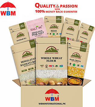 (pack Of 8) Wbm Grocery Package | Daal Chana, Pink Salt, Chakki Atta, Besan, Danedar Tea, Irani Khajoor, Chat Masala, Basmati Long Grain Rice