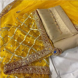 Sastaae Unstitched Fabric Mirror Based Dress For Women Maysoori Handwork Shirt, Shabnam Trouser And Net Dupatta - Yellow