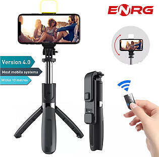 ENRG Selfie Stick With LED Light Wireless Bluetooth Foldable Mini Tripod Stand Mobile Holder With Fill Light Shutter Remote Control For IOS Android - Black
