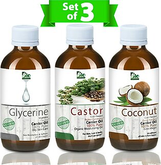 Set Of 3 Castor Oil Coconut Oil Glycerin Oil - 100% Pure & Natural Best For Skin & Hair Care Recipes
