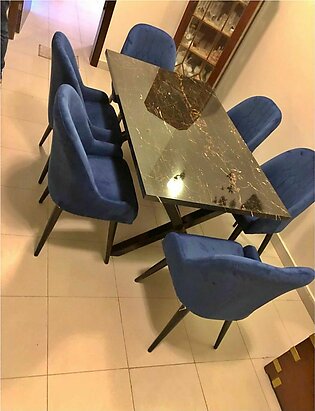 Sultan Furniture 6 Chairs Dining Table In Solid Wood With Pvc Marble Texture Top