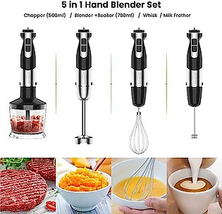 5 In 1 Hand Blender With 12-speed Stainless Steel Immersion, Egg Beater, Milk Frother, 500ml Chopper, 700ml Beaker With Lid, Meat Chopper, And Juicer Machine - Kitchen Accessory For Grinding, Mixing, And Blending - 800w