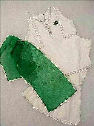 Green White Dress Baby Frock For Baby Girl 3 Piece Kurti Gharara With Duppta Kids Fashion