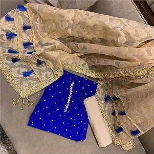 Libaas Hub 3piece Unstitched Jacquard Dress Organza Duppatta With Hand Work Chiffon Shirt & Maysoori Trouser-r.blue
