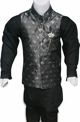 Kids For Boys Fashion Clothing 4 Pieces Suits (kurta Shalwar Waistcoat And Brooch) Kids Fashion Age- 1 To 12 Years-black Suit