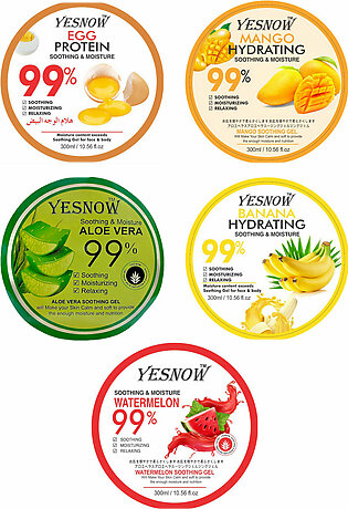 Pack Of 5 Watermelon Smoothing & Moisture Gel & Aloe Vera Gel 99%, Banana Gel, Egg Gel, Mango Gel | 300 Ml Each Jar