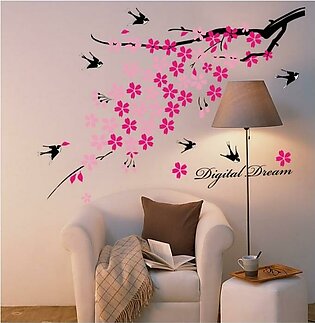 Flowers Wall Sticker Pink Birds DIY Wall Decor For Home/Office Colorful PVC Wall Paper Removeable Wall Decal