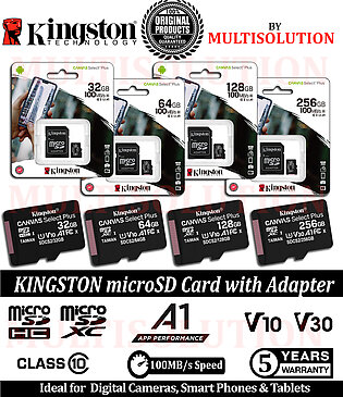 Kingston microSD 32GB - 64GB - 128GB - 256GB - Canvas Select Memory Card - Class 10 100MB Read Speed  - 5 Years Warranty