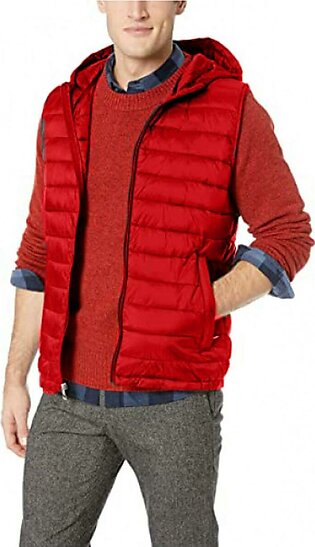 Men's Red Sleeveless Puffer Jacket with Hood
