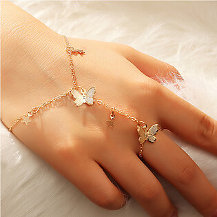 Fashion Jewelry Butterfy Pendant Chain Bracelet & Connected Gold Metal Ring Wrist Bracelet For Girls / Ring For Girls