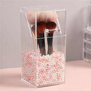 Sherice Acrylic Makeup Brush Holder With Pearls, Cosmetic Brush Case With Dustproof Lid, Countertop Brushes Holder