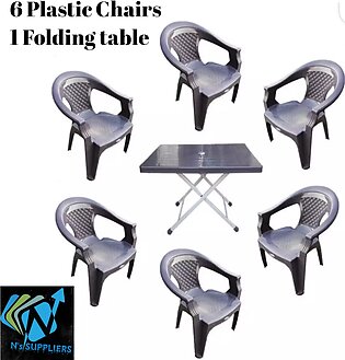 Set Of 6 Plastic Chairs And Folding Tab