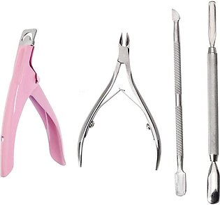 Beauty Set Manicure & Pedicure Nail Cuticle Pusher And Acrylic Nail Cutter Set Including 4 Tools, Acrylic Nail Clipper, Cuticle Nipper Scissors, Cuticle Remover And Cuticle Pusher Stainless Steel Metal Manicure Pedicure Pack
