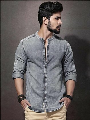 Light Denim Sherwani Collar Shirt, Casual Shirt For Men, Regular Fit Western Style Denim Shirt