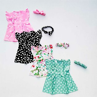 Pack Of 4 Cotton Frock With Hair Bands: Random Prints For All Season (3 Months To 3 Years) - Adorable Baby Fashion