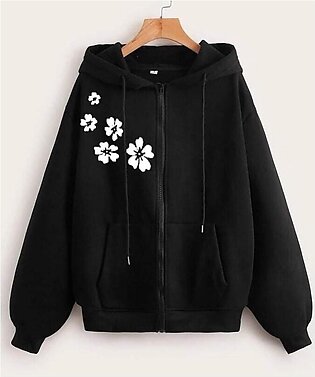 New Black Side Flower Printed Hoodie Zipper For Girls And Women - Stay Stylish With This Flower Printed Top