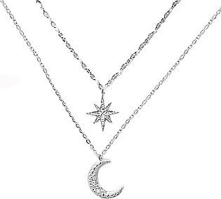 Shine Bright With Our 925 Sterling Silver Double Layer Star Moon Clavicle Chain Necklace - A Stunning Cubic Zircon Necklace For Women And Girls
