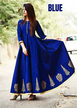 Sastaae Unstitched 2 Pc Embroidered Maxi Tree Design On Full Ghera On Silk Fabric - Blue