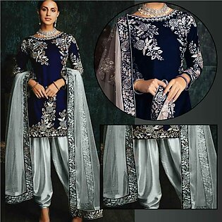 Navy Blue & Silver Ladies Chiffon Embroidered Dress