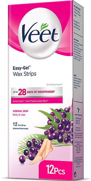 Veet Easy Gel Wax Strips For Body And Legs Normal Skin With Shea Butter And Acai Berries Scent 12 Wax Strips