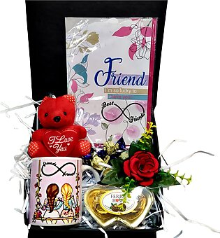 Best Friend Gift Box For Boys / Girls Friends Forever Mug - Keychain Teddy Bear - Heart Shaped Chocolate - Rose Flower - Greeting Card - Gift For Friends On Birthday - Farewell - Friendship Day - Engagement - Bride To Be