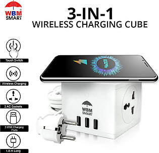 Wbm Smart 3-in-1 Cube Wireless Charger For Iphone/samsung. With 3 Usb Port And 1 Power Socket Port Fast Wireless Charging 1.8m Cord