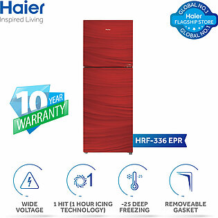 Haier 12 Cu Ft/E-Star Series/ HRF-336 EPR(Deepest Freeze +Direct Cool+ 1 Hour Icing Technology +Wide Voltage+ Glass Door) Red Colour/Refrigerator/ 10 Years Warranty.